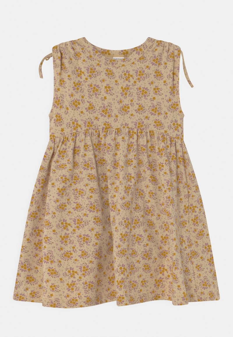 Beżowa sukienka w kwiaty z krótkimi rękawami, marszczonym pasem, fioletowymi i żółtymi kwiatami oraz regulowanymi sznurkami na ramionach. Wykonana z miękkiej bawełny.