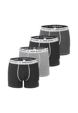 Quatre paires de boxers pour hommes en noir et gris, avec des ceintures élastiques blanches marquées "SERGE BLANCO 15".