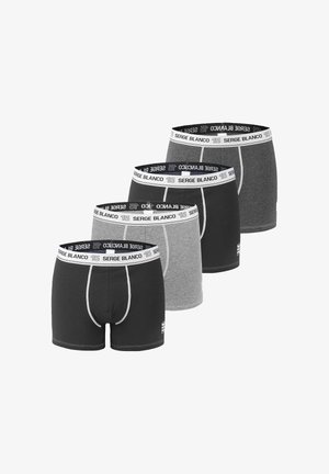 Quatre paires de boxers pour hommes en noir et gris, avec des ceintures élastiques blanches marquées "SERGE BLANCO 15".