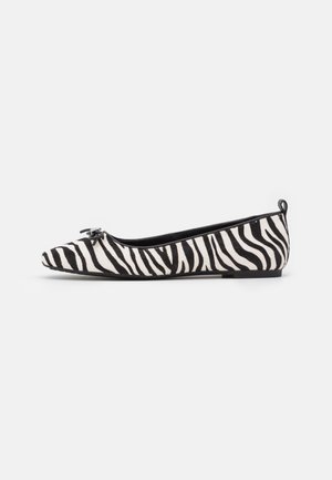 Zebra-print ballet flats in black and white, featuring a rounded toe, soft textured upper, and small bow accent on the front.