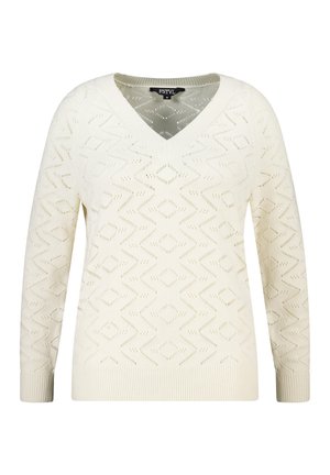 Pull col en V crème avec motifs en diamant complexes, manches longues et poignets côtelés, fabriqué en tissu tricoté texturé.