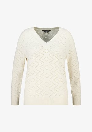 Pull col en V crème avec motifs en diamant complexes, manches longues et poignets côtelés, fabriqué en tissu tricoté texturé.