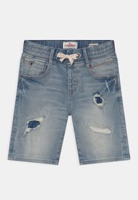 Džínové šortky ve světle modré barvě s umělým opotřebením, s vyčerpanými oblastmi, s páskem na stažení a designem s pěti kapsami.