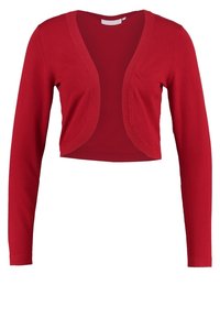 Rød cropped cardigan lavet af blød strikstof. Har lange ærmer og en åben front med runde kanter. Glat tekstur.