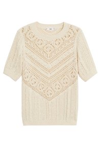 Krémový pletený svetr s krátkým rukávem, s geometrickým vzorem a otevřenou tkaninou. Kulatý výstřih s žebrovanými okraji.