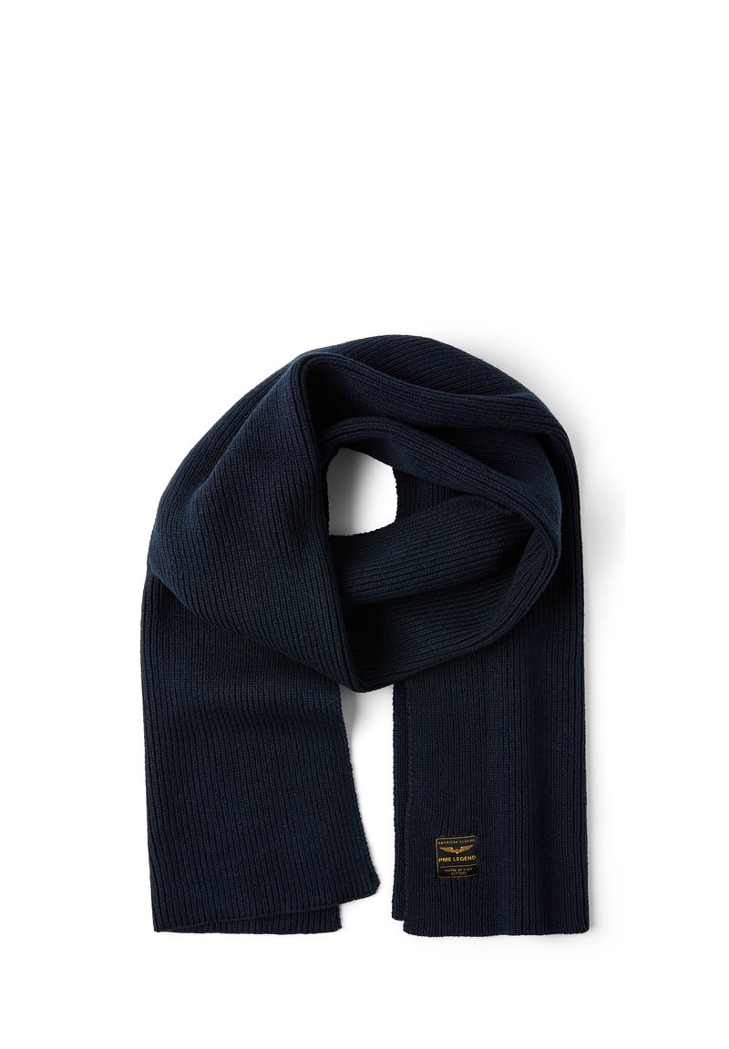 Marineblauwe geribbelde gebreide sjaal met een zachte textuur. Voorzien van een geweven label in de hoek met merkdetails. Lange, veelzijdige ontwerp.