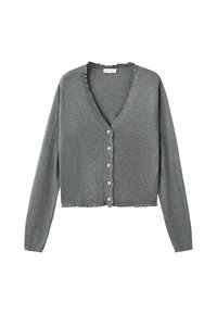 Cardigan gri scurt cu mâneci lungi, decolteu în V și volănașe. Închidere cu cinci nasturi asortați pe față. Textură moale.