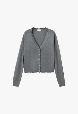 Cardigan corto grigio con maniche lunghe, scollo a V e bordo arricciato. Chiusura con cinque bottoni abbinati lungo il davanti. Tessuto morbido.