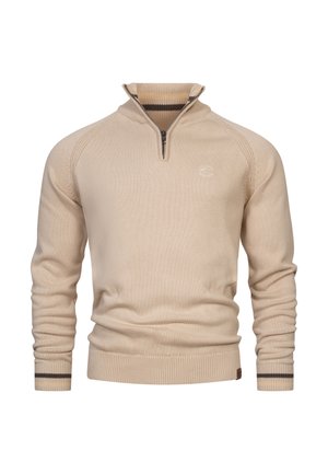 Beige zip-kraag trui met ribbelstructuur. Heeft een gestreepte afwerking bij de kraag en manchetten. Borduursel met logo op de borst.