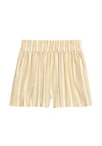 Randiga shorts med gula och vita vertikala ränder, elastisk midja, två sidofickor och lätt tyg.