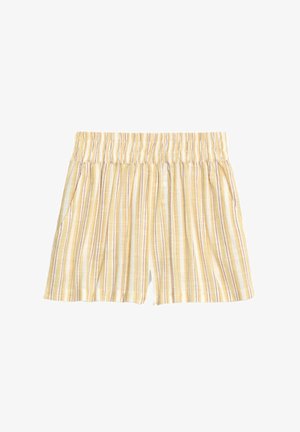 Stribede shorts med gule og hvide lodrette striber, elastisk talje, to sidelommer og letvægtsstof.