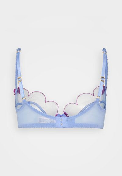 Light blue bra featuring a scalloped mesh design with purple accents. Adjustable straps and a hook closure at the back. Smooth texture.