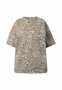 Oversized t-shirt met korte mouwen, met een luipaardprint in beige en bruine tinten, gemaakt van zachte stof, ronde halslijn en een relaxte pasvorm.