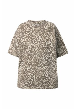 Oversized t-shirt met korte mouwen, met een luipaardprint in beige en bruine tinten, gemaakt van zachte stof, ronde halslijn en een relaxte pasvorm.