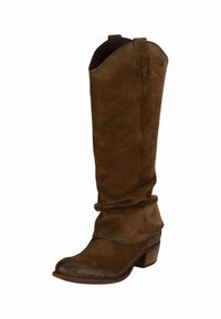 Stivale alto in suede marrone con design svasato, punta tonda e un robusto tacco in legno. Presenta linguette nella parte superiore per una facile vestibilità.