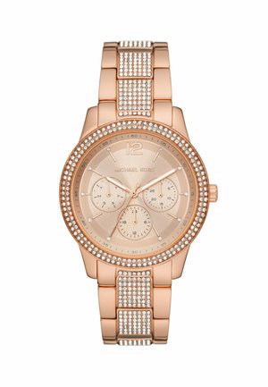 Armbanduhr aus Roségold mit rundem Gehäuse, Kristallakzenten, drei Zifferblättern und einem strukturierten Ziffernblatt mit Stundenmarkierungen.