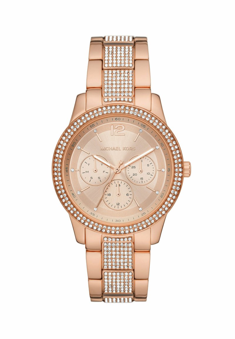 Armbanduhr aus Roségold mit rundem Gehäuse, Kristallakzenten, drei Zifferblättern und einem strukturierten Ziffernblatt mit Stundenmarkierungen.