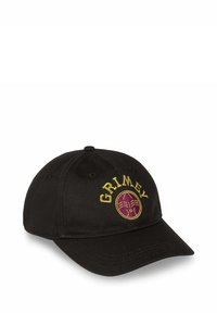 Zwarte baseballcap van katoen met een gebogen rand. Voorzien van geel en paarse geborduurde tekst "GRIMEY" en een cirkelontwerp.