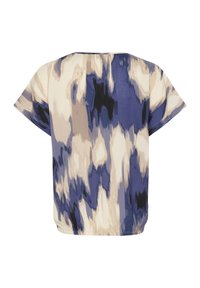 Short-sleeve top featuring a multicolored abstract pattern in blue, beige, and black. Rounded neckline, soft fabric, and loose fit design.