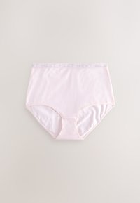 Sous-vêtements taille haute rose clair pour femmes avec une ceinture élastique douce affichant le mot "NEXT" en répétition.