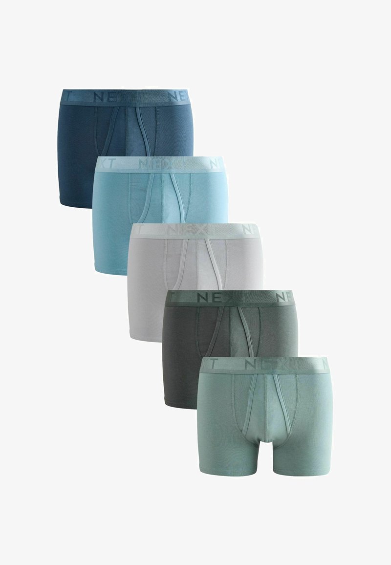 Moški bokserice v gradientu modre, zelene, sive in bele barve, s mehkim pasom in logotipom "NEXT" ter zasnovo, ki se tesno prilega.