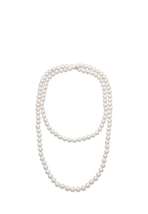 Single strand necklace of uniformly sized round white pearls arranged in an oval shape on a white background.