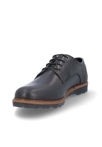 Zapato de piel negra con puntera redonda, diseño con cordones, acentos marrones y suela texturizada. Presenta costuras visibles y un acabado suave.