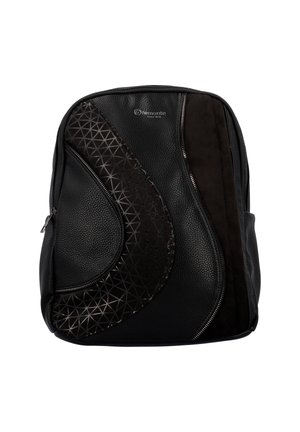 Sac à dos noir en cuir texturé, avec des accents de motifs géométriques, sections lisses et en daim, comportant plusieurs compartiments zippés.