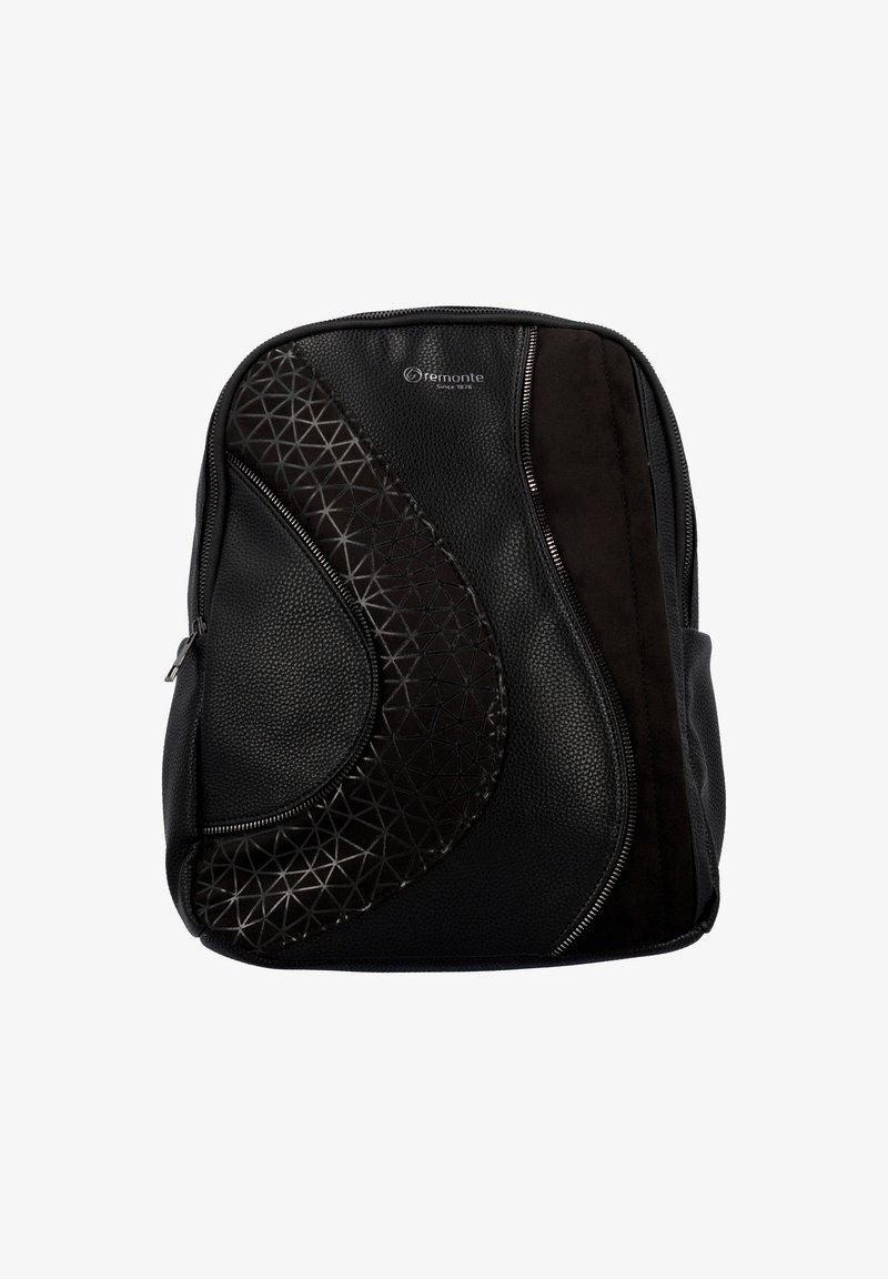 Sac à dos noir en cuir texturé, avec des accents de motifs géométriques, sections lisses et en daim, comportant plusieurs compartiments zippés.