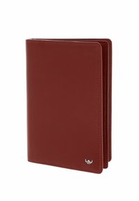 Porte-passeport en cuir marron avec bords cousus et petit logo casque viking argenté dans le coin inférieur droit.