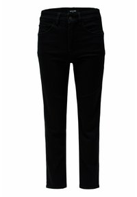 Vaqueros de denim negro con un diseño de pierna recta, que presentan un clásico diseño de cinco bolsillos y pasadores para cinturón. Textura suave, sin patrones notables.