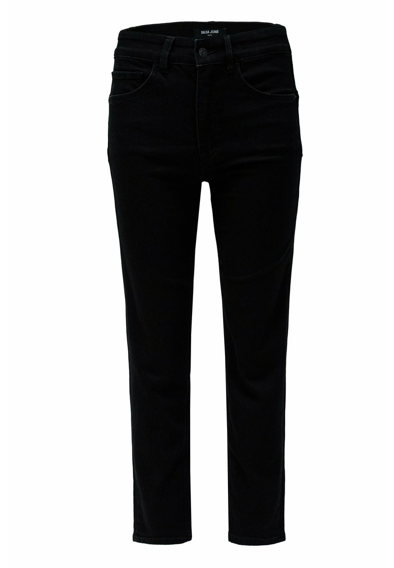 Vaqueros de denim negro con un diseño de pierna recta, que presentan un clásico diseño de cinco bolsillos y pasadores para cinturón. Textura suave, sin patrones notables.