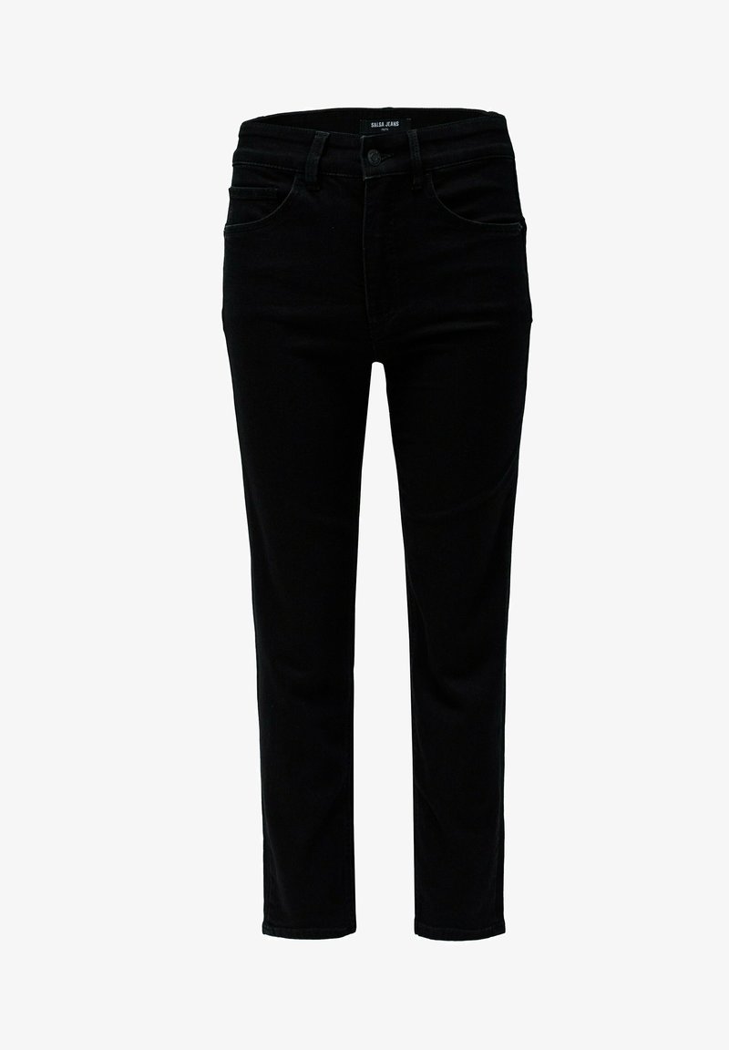 Vaqueros de denim negro con un diseño de pierna recta, que presentan un clásico diseño de cinco bolsillos y pasadores para cinturón. Textura suave, sin patrones notables.