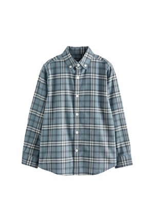 Blue and gray plaid long-sleeve button-up shirt with a button-down collar, displayed flat on a white background.