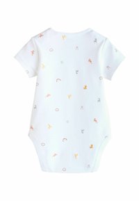 Hvid kortærmet body med print af forskellige farverige dyr, skyer og en regnbue. Lavet af blød bomuld for komfort.