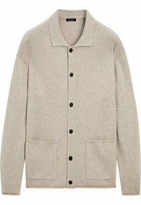 Beige gebreide cardigan met een kraag, sluiting met knopen aan de voorkant, twee voorzakken en zwarte knopen. Zachte textuur met een klassiek ontwerp.