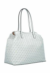 Borsa tote bianca con un motivo geometrico in grigio e giallo, con rifiniture e manici neri. Realizzata in materiale sintetico testurizzato.