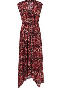 Abito maxi in stampe leopardo rosso e nero; presenta una scollatura a V, maniche a cappuccio, vita elasticizzata e un orlo fluido e asimmetrico.