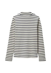 Top à manches longues côtelé avec des rayures verticales bleu marine et blanches, un col montant et une coupe décontractée. Texture douce avec un design casual.