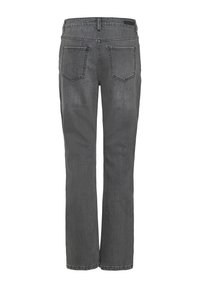 Vue arrière d’un jean en denim gris foncé à jambes droites, avec deux poches arrière et des passants de ceinture à la taille.