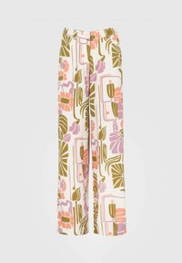 Pantalons larges en tissu léger, avec un imprimé floral et géométrique coloré dans des tons de vert, rose et crème.