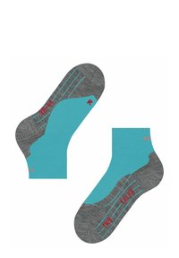 Calze grigie con un design turchese, dettagli rossi e indicazioni di taglia (39-41) sul plantare. Motivo a righe sulla parte superiore.