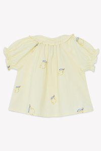 Yellow cotton blouse with ruffled sleeves and neckline; features small embroidered lemons with blue and yellow accents throughout.