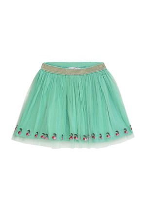 Hellgrüner Tüllrock mit goldfarbenem elastischem Bund und kleinen, bestickten roten und rosa Kirschen entlang des Saums.