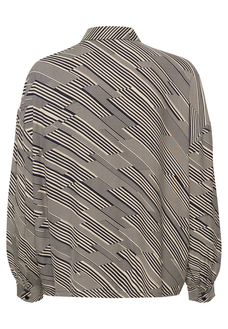 Langärmliges Hemd in Beige und Marineblau mit abstrakten, wellenförmigen Streifen. Verfügt über einen kragenförmigen Ausschnitt und elastische Bündchen für eine lässige Passform.