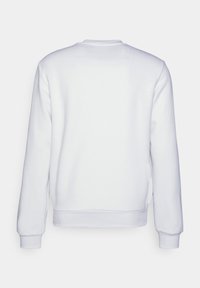 Weißer Pullover mit Rundhalsausschnitt, langen Ärmeln und gerippten Bündchen. Glatte Textur, keine sichtbaren Muster oder Logos auf der Rückseite.
