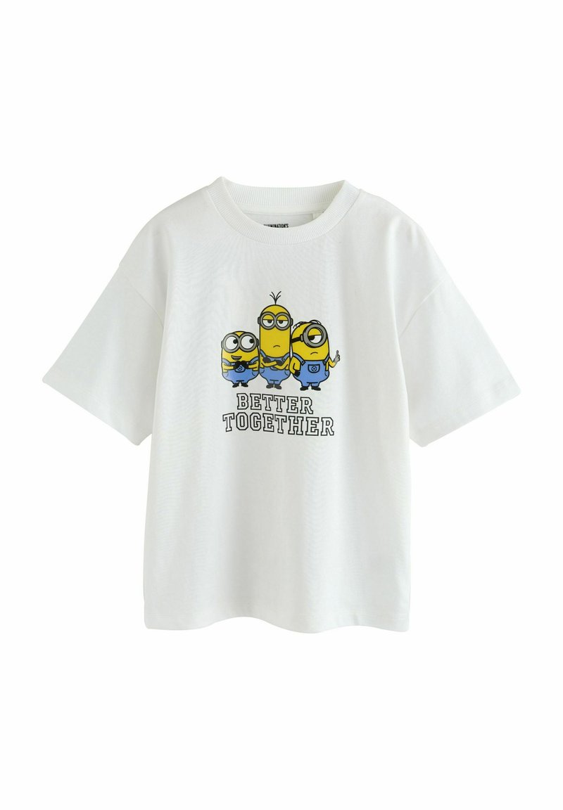 White short-sleeve t-shirt featuring a graphic print of three yellow minions with the text "BETTER TOGETHER" in black. Soft cotton material.