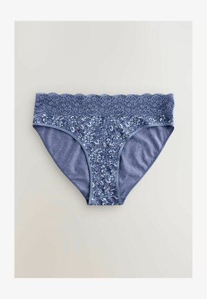 Sinised lillemustritega aluspüksid pitsist vööosaga. Kangas on pehme ja sileda tekstuuriga, tagaküljel on ühtlane värv.