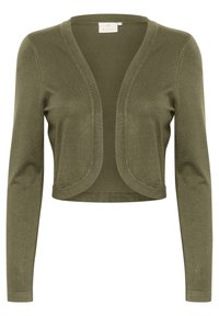 Cardigan court vert olive en maille douce, avec une ouverture avant arrondie et des manches longues. Étiquette visible au niveau de l'encolure.