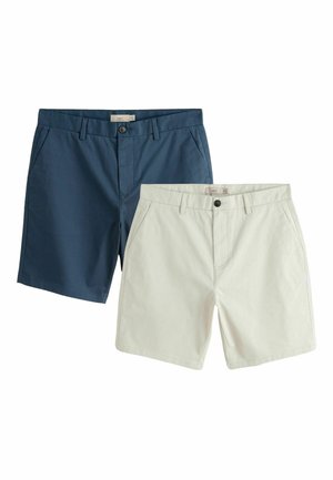Zwei Paar Herren-Chino-Shorts in Marineblau und Beige, mit Fronttaschen, Gürtelschlaufen und Knopfverschluss.